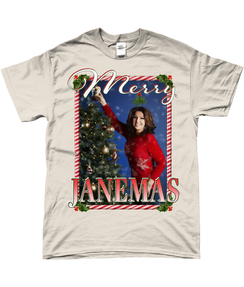 Jane McDonald Merry Janemas Text Ugly Funny Christmas T-shirt Meme TV Xmas Homage Tee Natural