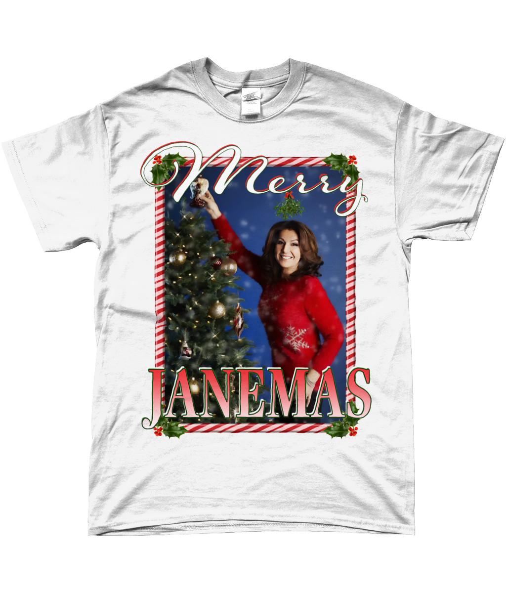 Jane McDonald Merry Janemas Text Ugly Funny Christmas T-shirt Meme TV Xmas Homage Tee White