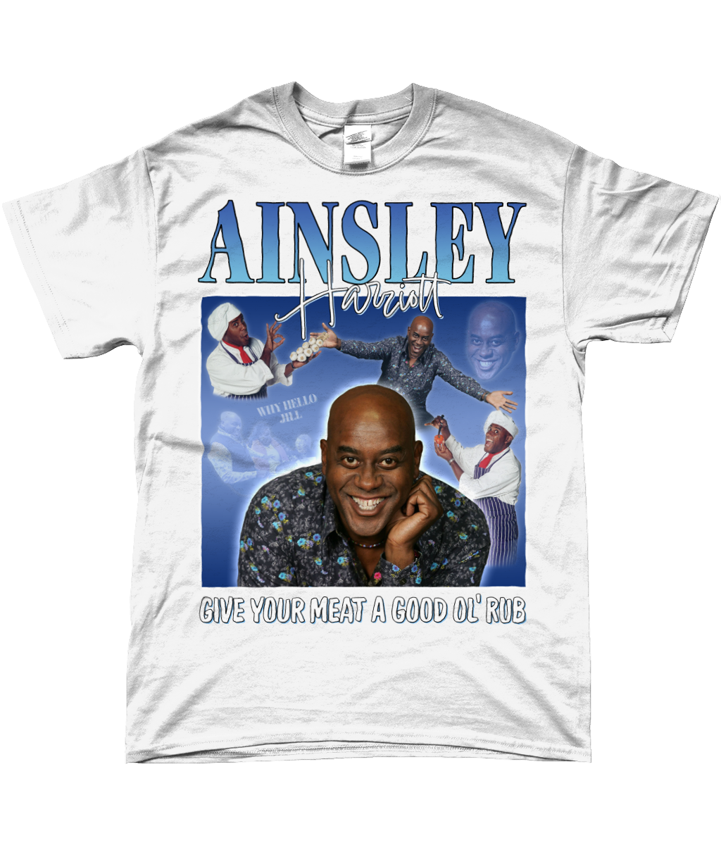 Ainsley Harriott Give Your Meat a Good Old Rub Funny Meme, Why Hello Jill Ready Steady Cook T-shirt white