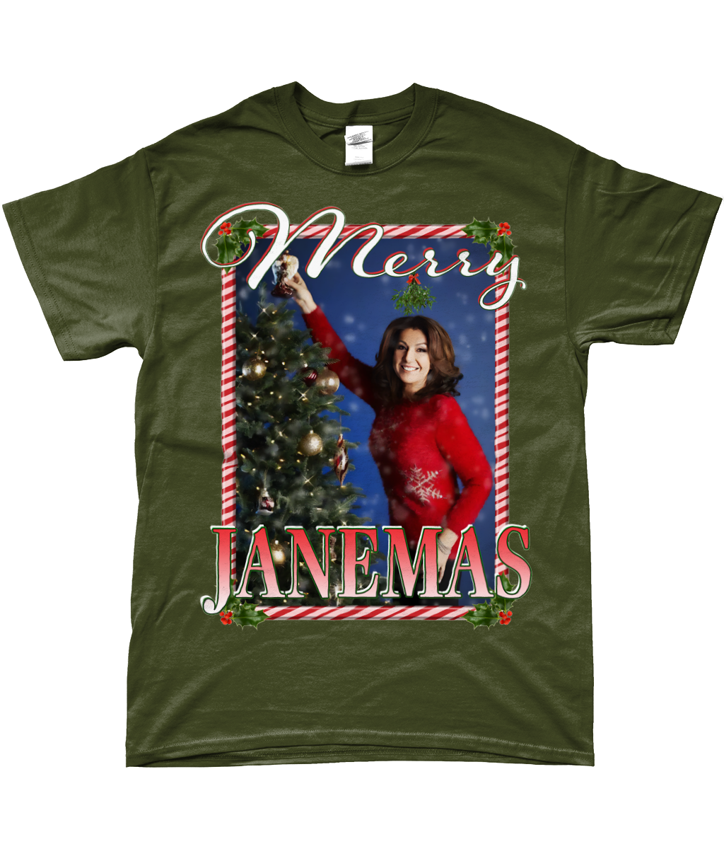 Jane McDonald Merry Janemas Text Ugly Funny Christmas T-shirt Meme TV Xmas Homage Tee Green