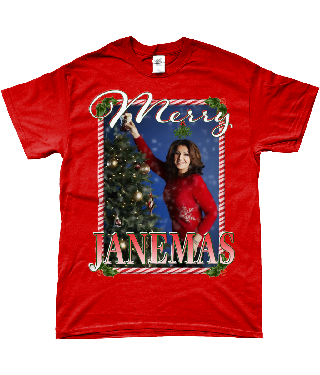 Jane McDonald Merry Janemas Text Ugly Funny Christmas T-shirt Meme TV Xmas Homage Tee Red