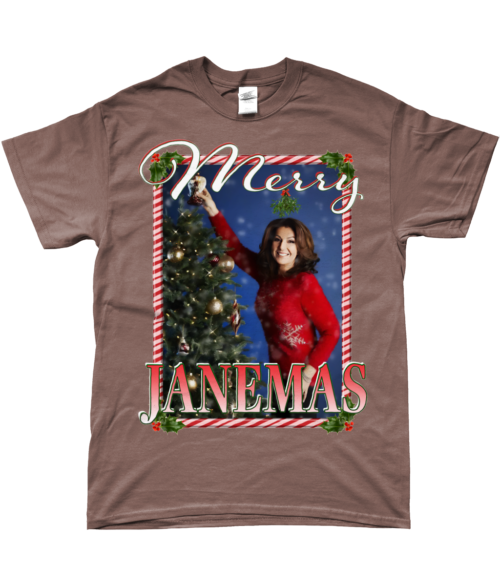 Jane McDonald Merry Janemas Text Ugly Funny Christmas T-shirt Meme TV Xmas Homage Tee Brown Chocolate
