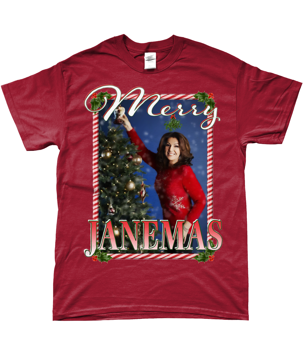Jane McDonald Merry Janemas Text Ugly Funny Christmas T-shirt Meme TV Xmas Homage Tee Dark Red