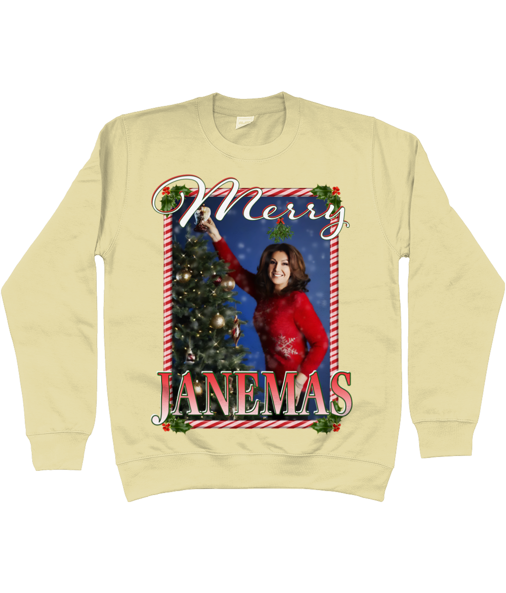 Jane McDonald Merry Janemas Text Ugly Funny Christmas Jumper Meme TV Xmas Homage Sweater Yellow