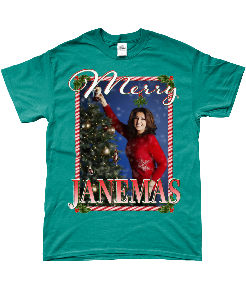 Jane McDonald Merry Janemas Text Ugly Funny Christmas T-shirt Meme TV Xmas Homage Tee Jade Dome Green Blue