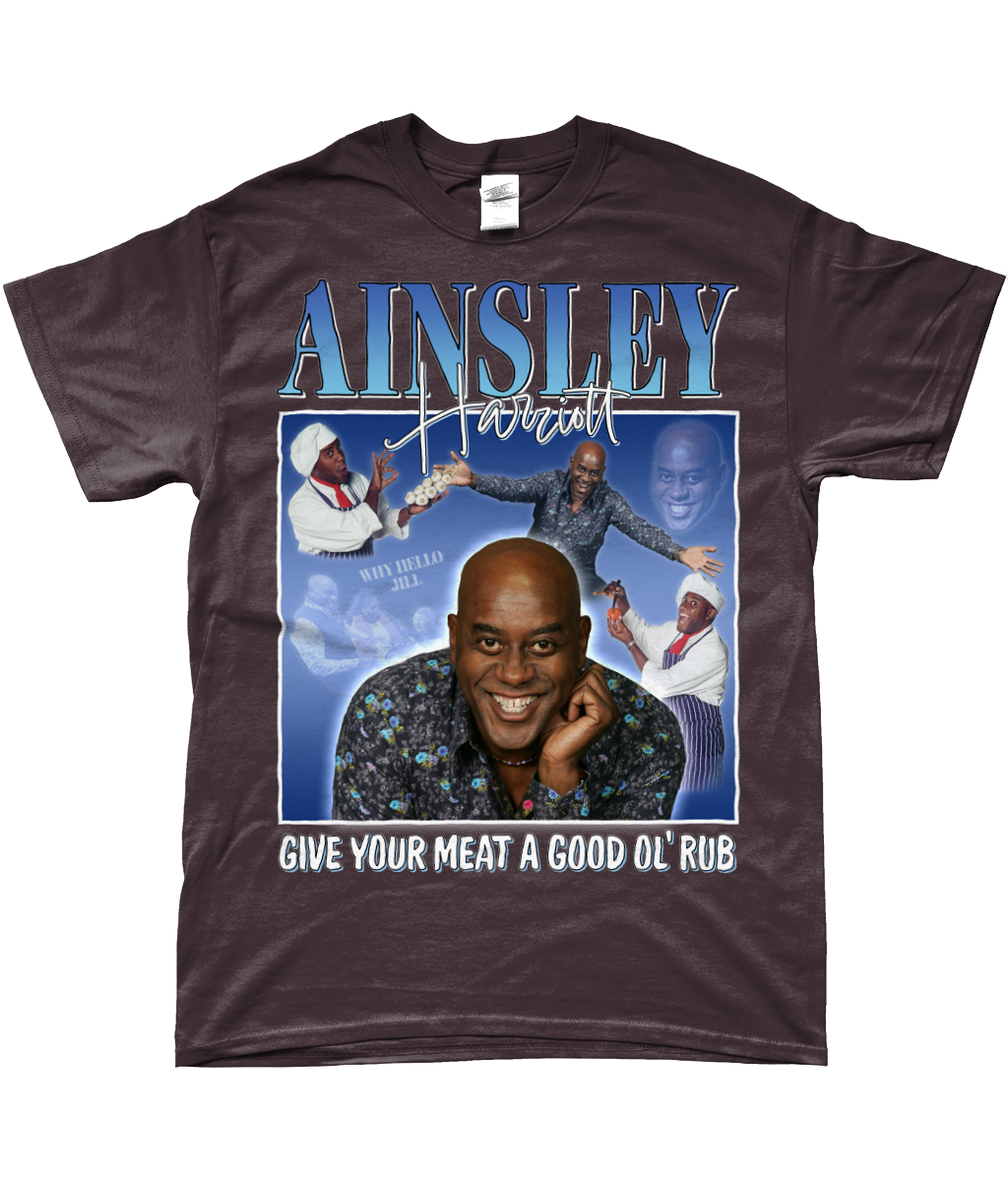 Ainsley Harriott Give Your Meat a Good Old Rub Funny Meme, Why Hello Jill Ready Steady Cook T-shirt dark chocolate