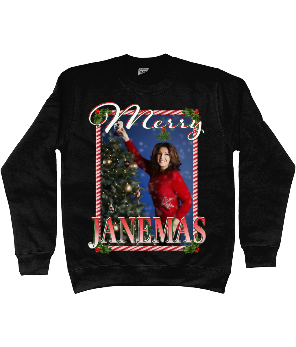 Jane McDonald Merry Janemas Text Ugly Funny Christmas Jumper Meme TV Xmas Homage Sweater Black