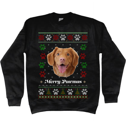 Custom Personalised Christmas Sweatshirt Ugly Sweater Unisex Xmas Gift with Pet Image and 'Merry Pawmas' text Black