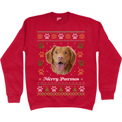 Custom Personalised Christmas Sweatshirt Ugly Sweater Unisex Xmas Gift with Pet Image and 'Merry Pawmas' text Red
