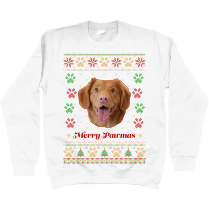 Custom Personalised Christmas Sweatshirt Ugly Sweater Unisex Xmas Gift with Pet Image and 'Merry Pawmas' text White