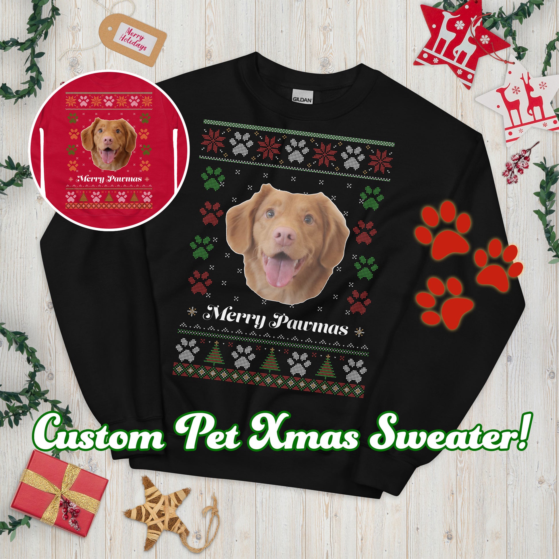 Custom Personalised Christmas Sweatshirt Ugly Sweater Unisex Xmas Gift with Pet Image and 'Merry Pawmas' text