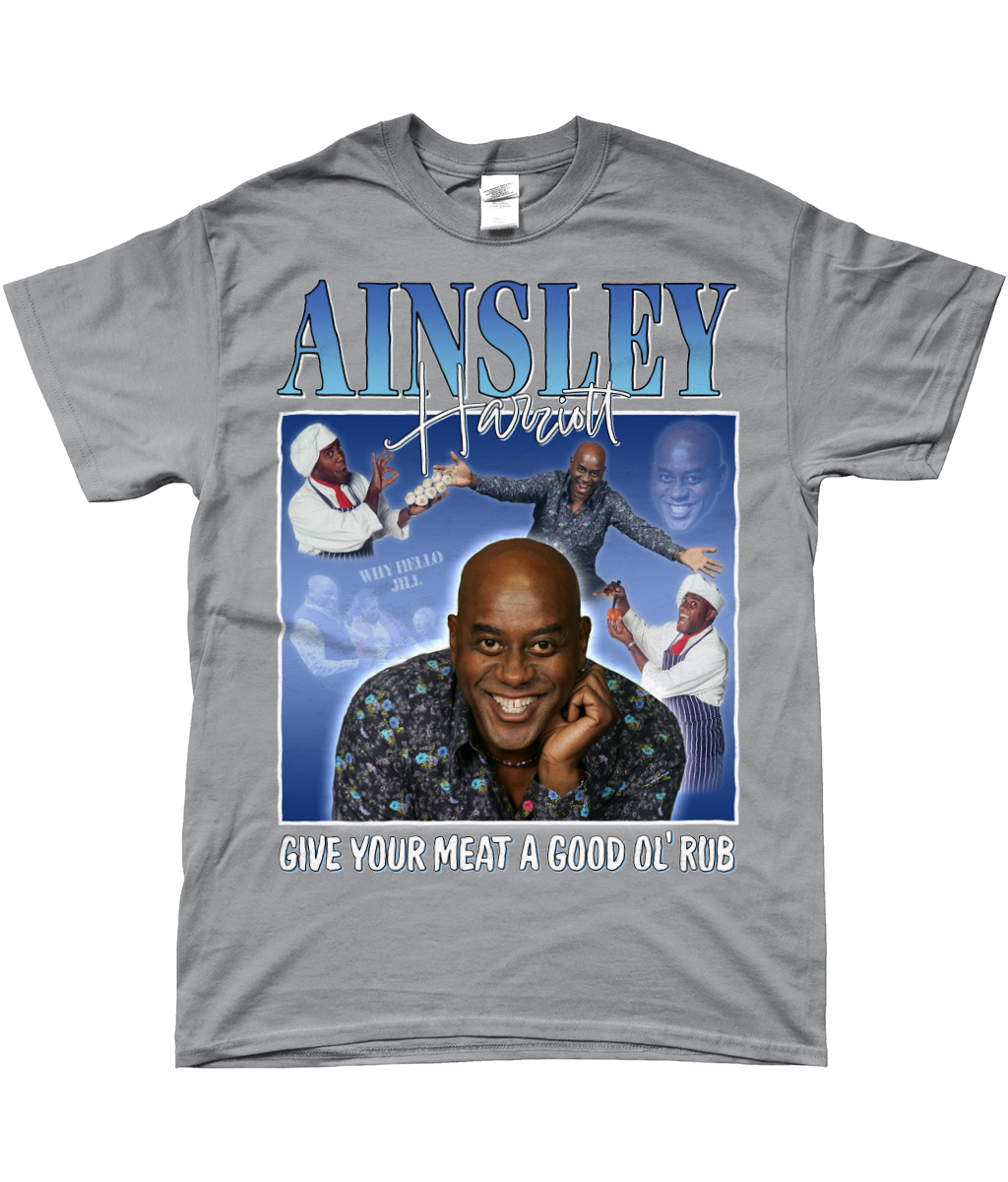 Ainsley Harriott Give Your Meat a Good Old Rub Funny Meme, Why Hello Jill Ready Steady Cook T-shirt grey