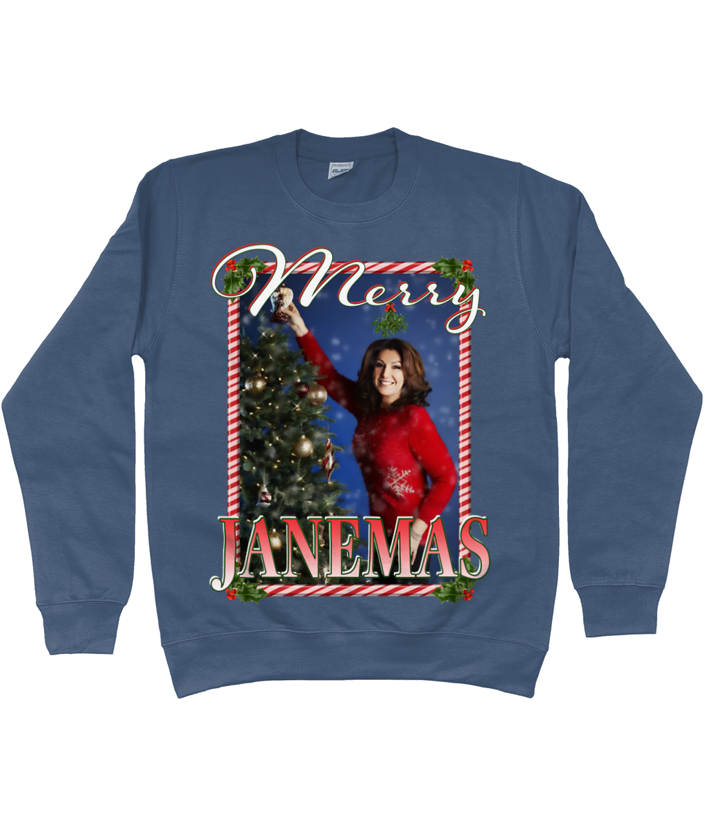 Jane McDonald Merry Janemas Text Ugly Funny Christmas Jumper Meme TV Xmas Homage Sweater Blue